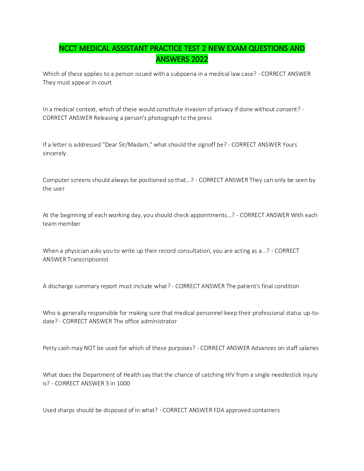 NCCT FINAL EXAM 2022 MEDICAL TERMINOLOGY Browsegrades